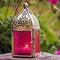 In the Breeze 9200 — Pink Mini Square Tealight Lantern — Moroccan-Style Boho Chic Tealight Glass and Metal Tabletop Lantern